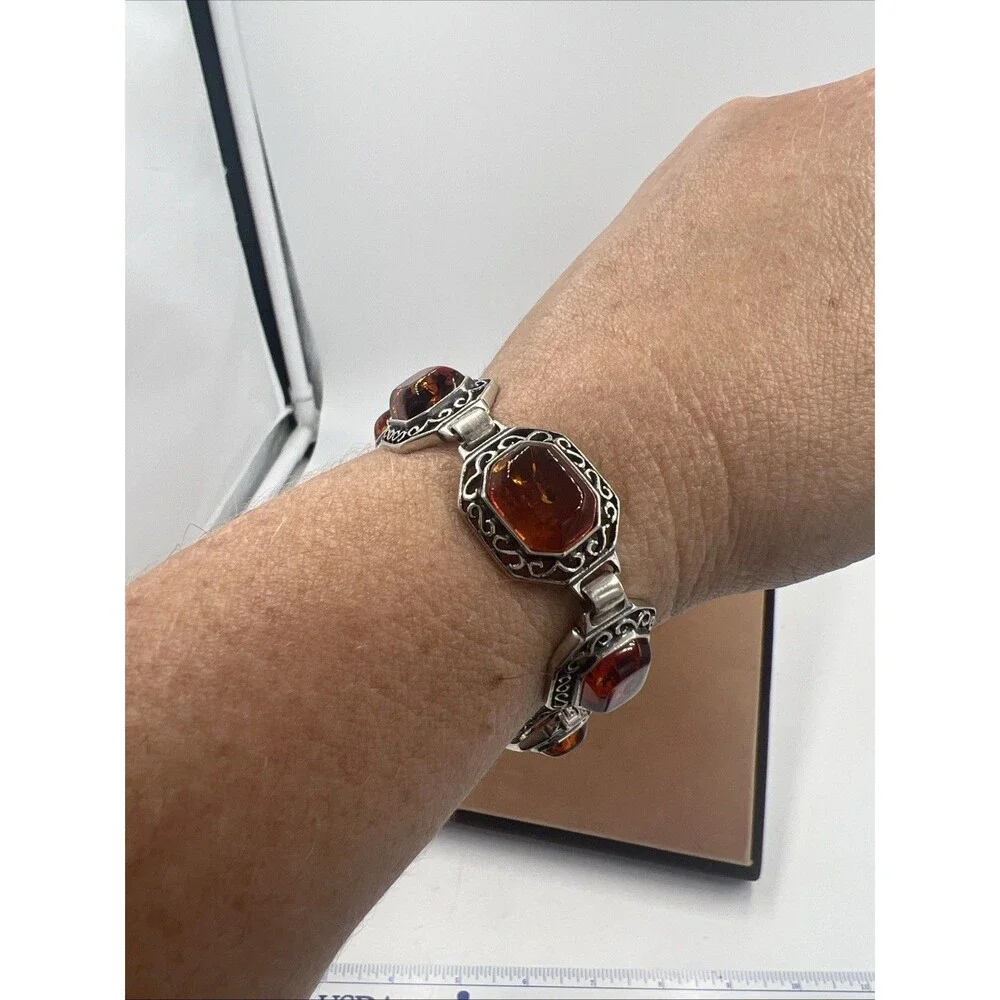Vintage Bohemian Style Sterling Silver Amber Cabochon Link Bracelet